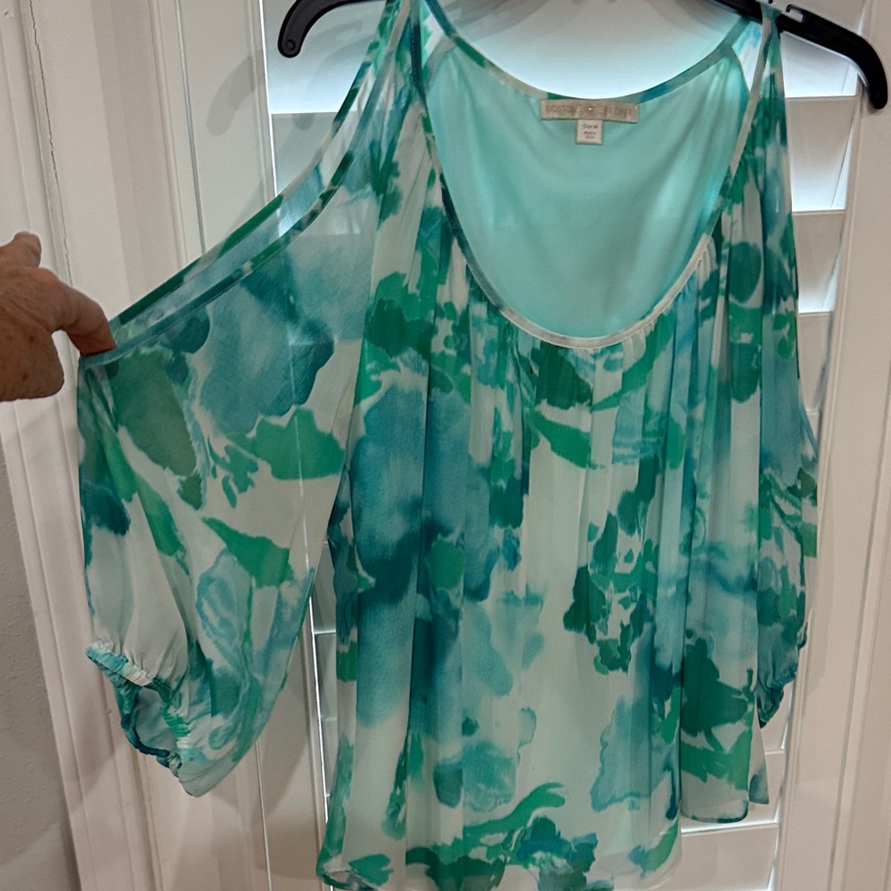 Boston Proper Sheer Aqua and Teal Cold-Shoulder Blouse